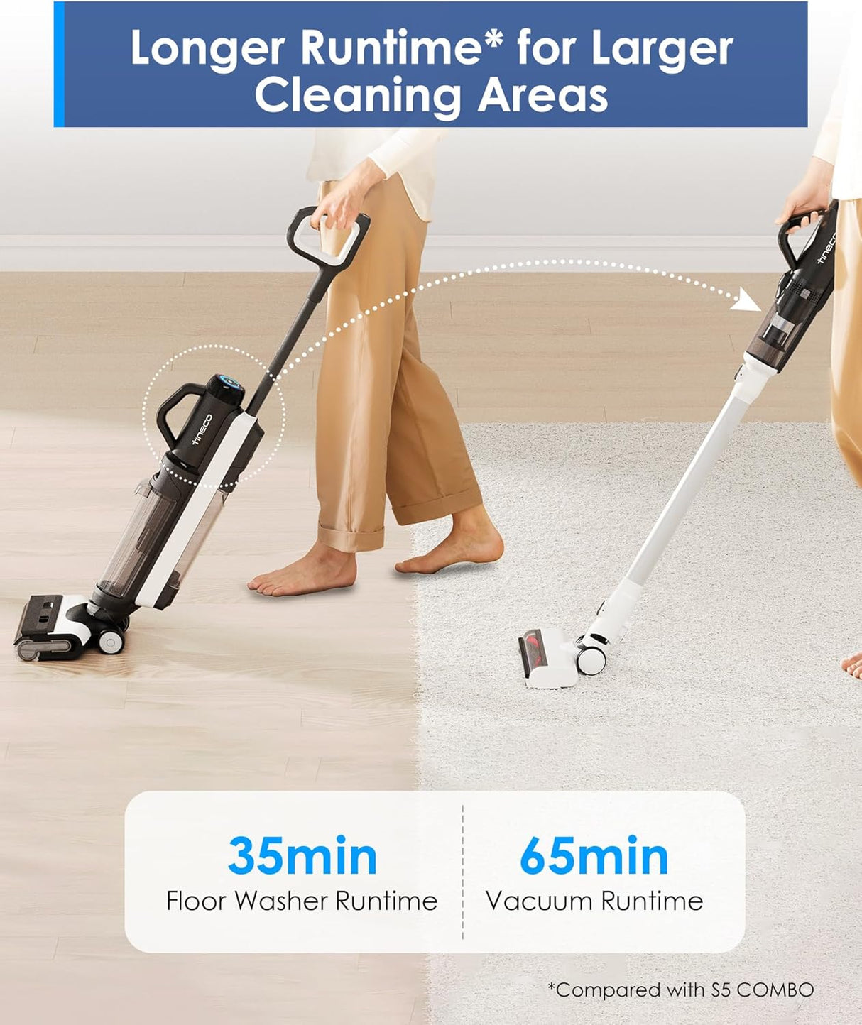 FLOOR ONE Switch S6 Stretch Plus - 65min, Smart 180° Lay Flat Wet Dry Cordless Vacuum Floor Washer & Mop Stick